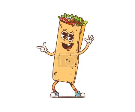 Cartoon-Retro mexikanischen Burrito groovy Charakter tanzen und gestikulieren zum funky Beat der Disco-Musik. Isolierte Vektor-Shawarma-Comic-Fastfood-Persönlichkeit, nostalgische Vintage-Tänzerin mit 60er- oder 70er-Jahre-Vibes