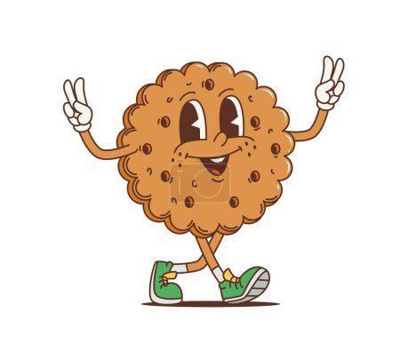 Illustration for Cartoon retro cookie groovy character or funky pastry as 70s hippie, vector comic personage. Happy groovy cookie with face and peace fingers sign gesture, 70s hippie or hipster art dessert character - Royalty Free Image