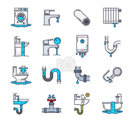 Illustration for Color plumbing service icons. Toilet, clogged pipe, drain, bathroom and shower problems. Sewage cleaning, plumbing service or pipe unclog line vector icon with washing machine, toilet, bath and faucet - Royalty Free Image