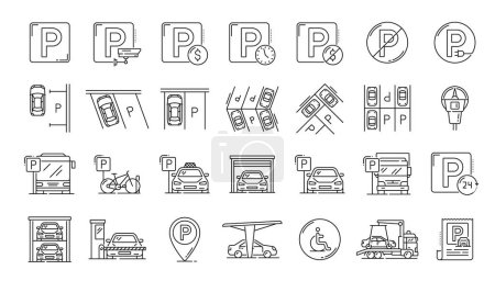 Automatische Service- und Parkleitungssymbole, Parkplatz- und Fahrzeugdiener, vektorlineare Symbole. Parkplatzsymbole und -schilder für automatisierte Garage 24 Stunden, Fahrrad- und Behindertenparkplätze