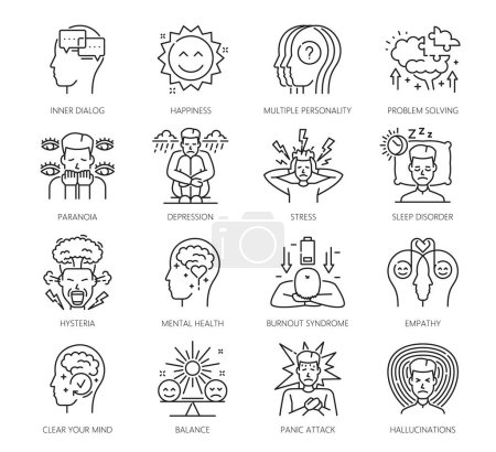 Psychological disorder problems and mental health icons, outline vector. Psychology and mind head line symbols of depression, stress and hysteria, empathy and panic attack or brain mental disorders