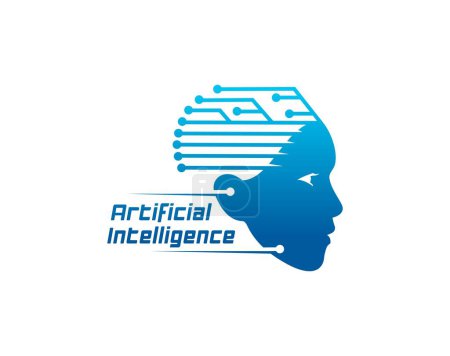 Téléchargez les illustrations : Icône d'intelligence artificielle de la tête d'IA avec cerveau de données numériques pour la technologie mentale, emblème vectoriel. Symbole technologique de l'intelligence artificielle avec tête et réseau de circuits cérébraux pour une innovation intelligente - en licence libre de droit