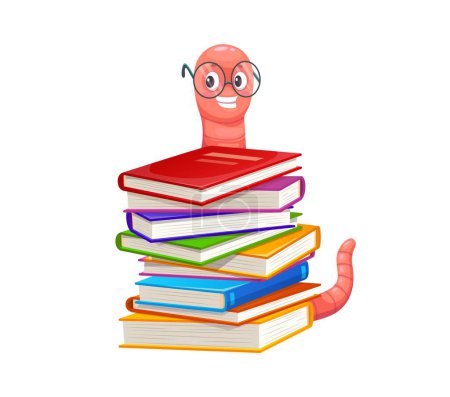 Illustration for Cartoon cute bookworm character in glasses. Funny pink book worm, caterpillar or earthworm vector personage sitting on stack of school library books or textbooks with eyeglasses, education concept - Royalty Free Image