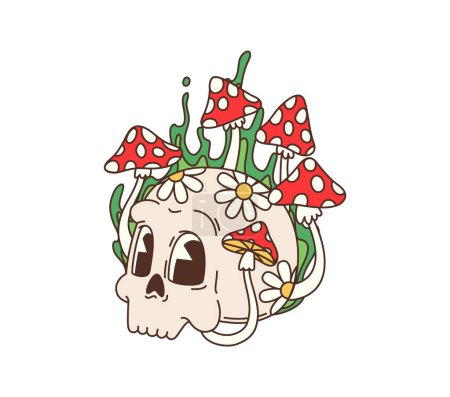Retro groovy psychedelischen Schädel mit Amanita-Pilzen und Gänseblümchen Elemente und Symbole verziert. Isolierte Vektor surrealen menschlichen Schädel in Vintage-Hippie oder trippy Stil Verschmelzung von Leben und Tod in der Natur
