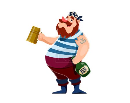 Cartoon-Piraten Matrosen-Figur mit einem Becher Rum, Seemannsseemänner. Vector Seemannsrover in gestreifter Weste mit Tankard und Flasche mit betrunkenem Grinsen, verkörpert einen maritimen Geist des Abenteuers und der Freude