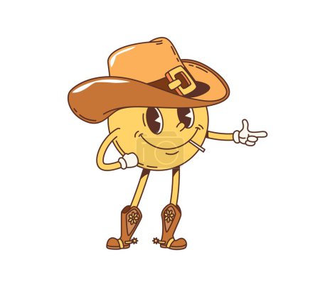 Photo for Cartoon Western cowboy smile groovy character. Retro funny emoticon vector personage of Wild West Texas bandit with cowboy hat and boots chewing toothpick. Yellow cowboy smile emoji showing finger gun - Royalty Free Image
