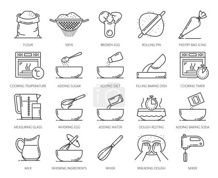 Téléchargez les illustrations : Icônes de boulangerie et pâtisserie maison, symboles de cuisson et pictogramme vectoriel pour la préparation de la recette. Pâte à pain maison ou pâtisserie et farine ingrédients alimentaires et instructions pour le processus de cuisson à la maison - en licence libre de droit