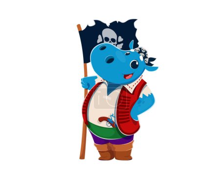 Illustration for Cartoon hippo animal sailor pirate character or corsair seaman with flag, vector personage. Funny hippopotamus in pirate bandana with Jolly Roger flag and musket gun for kid Caribbean pirate character - Royalty Free Image