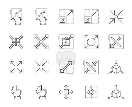 Illustration for Resize and scale icons. Reduce, zoom and change, expand symbols, vector thin line ui arrows and hands. Size control outline icons set, enlarge, move, shrink or extend, maximize, full screen, minimize - Royalty Free Image