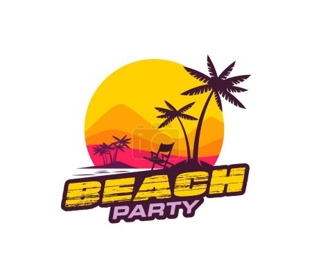 Photo for Summer tropical beach party icon, palm trees on resort paradise island, vector emblem. Beach party event or bar club music festival badge with sun and sea silhouette for open air or paradise festival - Royalty Free Image