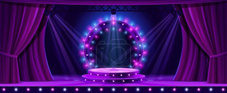 Illustration for Theater entertainment stage podium. Vector background with realistic 3d round scene with ramp lights and purple curtains. Neon glowing empty platform or pedestal for presentation, show performance - Royalty Free Image