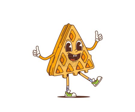 Cartoon Retro belgischen Waffel groovy Charakter. Isolierte Vektor funky dreieckige Waffel, Bäckerpersönlichkeit mit Groove-Vibes und skurrilem Lächeln, bringt nostalgischen und psychedelischen Touch zum Frühstück