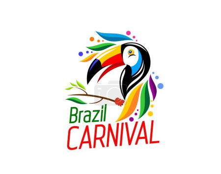 Téléchargez les illustrations : Brésil icône de fête de carnaval de toucan pour événement de divertissement, symbole vectoriel. Emblème brésilien de carnaval de samba avec oiseau toucan en plumes arc-en-ciel et éclaboussures de couleurs pour le festival de danse au Brésil signe - en licence libre de droit