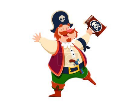 Karikatur lustige Piratenkapitänin mit Bierflasche, Seemannin. Vereinzelter Vektor jovialer einbeiniger Freibeuter hebt einen schaumigen Becher mit einem zahmen Grinsen und einem Gewehr an seiner prallen, gürtelförmigen Taille
