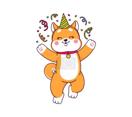 Téléchargez les illustrations : Japonais kawaii shiba inu personnage de chien sur la partie. Dessin animé animal de compagnie mignon, chiot brun vecteur personnage dansant avec chapeau de fête, confettis et banderoles en papier de couleur. Chien Shiba inu s'amuser emoji - en licence libre de droit