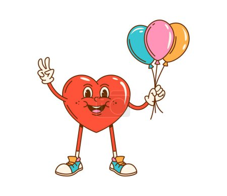 Illustration for Groovy love heart character with holiday balloons. Retro cartoon valentine personage showing V victory sign. Vector groovy hippie love heart emoticon with funny smiling face and colorful balloons - Royalty Free Image
