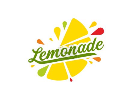 Icono de bebida de limonada, jugo de limón. Emblema vectorial aislado para refrescar bebidas cítricas, cócteles revitalizantes o refrescos. Vibrante rodaja de limón amarillo con gotas salpicaduras de colores y tipografía