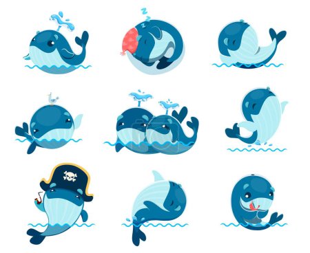 Karikatur niedliche Kawaii-Wal-Figuren. Lustige Meerwassertiere Vektorpersönlichkeiten Set von Blau- und Buckelwalen mit fröhlichem Lächeln, die durch Löcher spritzen, schwimmen und springen