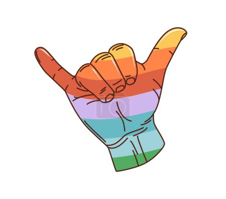 Ilustración de Dibujos animados retro groovy aloha shaka gesto. Signo de mano de surf vectorial aislado que significa un cálido saludo, expresando buena voluntad, relajación y una actitud relajada. Palma humana con patrón de arco iris y dedos - Imagen libre de derechos