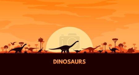Illustration for Jurassic era landscape with dinosaur silhouettes. Vector background with lush tropical trees beneath a golden sunset, mountains in the distance, silhouettes of majestic dino roaming across the horizon - Royalty Free Image