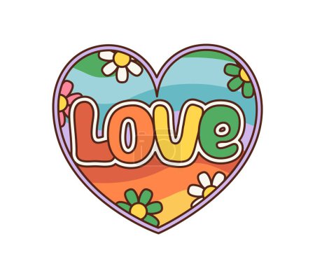 Ilustración de Dibujos animados retro groovy amor corazón con arco iris, vibrante, colores psicodélicos y flores de margarita. Símbolo vectorial aislado encapsula el espíritu libre de los años 60 y 70 el movimiento hippie o el día de San Valentín - Imagen libre de derechos