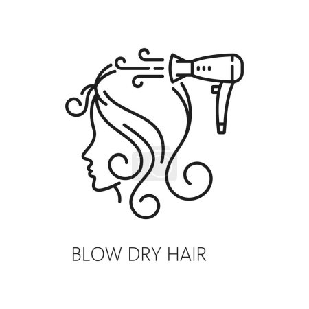 Illustration for Blow dry hair icon, isolated vector hair care and treatment linear sign. Female head, hairdryer with airflow and wavy lines. Outline simple pictogram, symbolizing process of drying and styling hair - Royalty Free Image