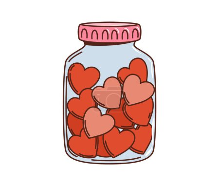 Ilustración de Dibujos animados retro tarro hippie groovy con corazones de amor, icono de vector para San Valentín o boda. 70 hippie y caricatura groovy arte funky de corazones en tarro de vidrio para etiqueta engomada amor y camiseta hipster imprimir - Imagen libre de derechos