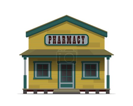 Illustration for Western pharmacy building, wild west drug store. Isolated vector old american town country architecture, features a rustic, wooden structure with a large signboard or signage, windows, and wood door - Royalty Free Image