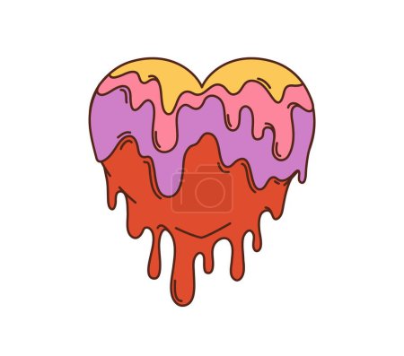 Photo for Groovy cartoon retro hippie love melt heart for Valentine or wedding, vector icon. 70s hippie and groovy cartoon heart with syrup melt or candy flow for romance and love sticker or t-shirt print - Royalty Free Image