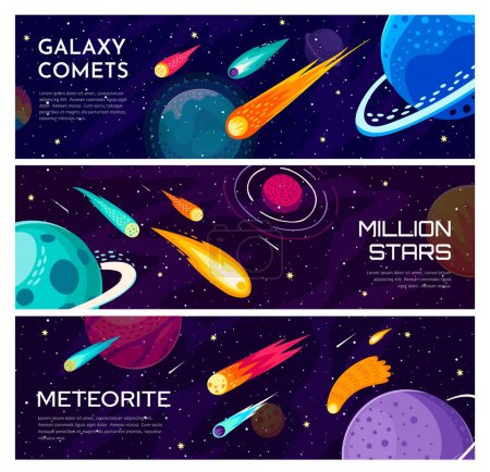 Galaxy universe banners. Comets and planets, stars and asteroids. Vector horizontal cards, capture celestial majesty of space, vibrant meteorites, shimmering shooting stars and drifting bolides