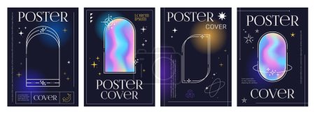 Photo for Holographic Y2K gradient posters and neon glow backgrounds with frame, vector cover templates. Y2K posters with holograph or iridescent color gradient and aesthetic geometric minimal line frames - Royalty Free Image