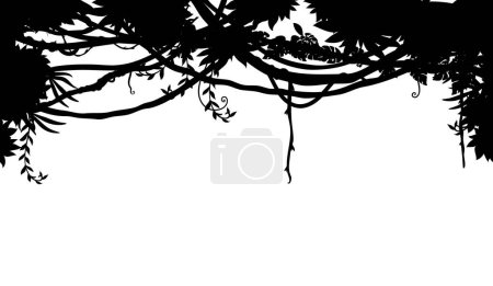 Téléchargez les illustrations : Jungle tropicale liane branche vignes silhouette fond. Vecteur noir bordure supérieure ou cadre avec fourrés de forêt tropicale, Amazonie ou flore africaine avec feuilles tropicales, plantes, arbres verts feuillage épineux - en licence libre de droit