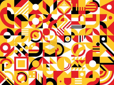 Illustration for Yellow, red and black abstract modern geometric pattern. Captivating vector background, tile, wallpaper or backdrop with bright hues and visual dynamic forms or shapes blending contemporary aesthetics - Royalty Free Image