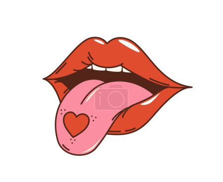 Illustration for Cartoon retro groovy hippie love lips with tongue out and heart, vector funky comic. 70s hippie art and groovy cartoon style art element of lips kiss with tongue lick for hipster funky t-shit print - Royalty Free Image