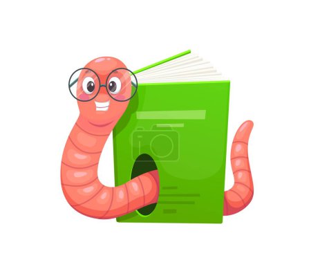 Photo for Funny bookworm character makes a hole in book, reading and education animal vector personage. Cartoon cute book worm, earthworm or caterpillar insect nerd character with glasses and library textbook - Royalty Free Image