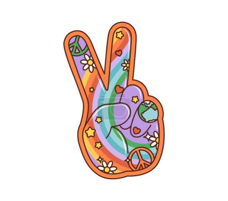 Illustration for Cartoon retro groovy victory sign. Isolated vector hippie-style gesture is made with the index and middle fingers raised in a peace symbol, with rainbow, flowers and hearts pattern, embodying harmony - Royalty Free Image