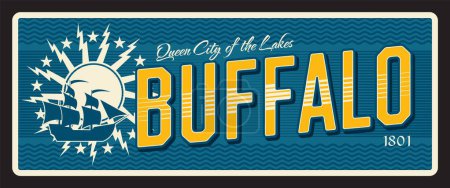 Photo for Buffalo american city plate and USA travel sticker. American journey tin sign, USA city vector sticker or souvenir postcard. United States plaque with city seal or flag symbol, ship and flag - Royalty Free Image