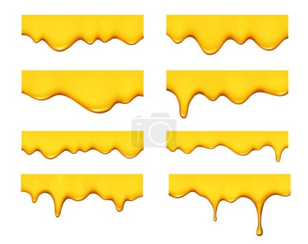 Téléchargez les illustrations : Miel jaune sucré goutte à goutte et fondre. Bordures vectorielles 3D réalistes isolées fixées avec de l'huile ou du sirop liquide goutte à goutte et coule. Gouttes de miel ou de sauce jaune pur, caramel fondu, taches de dessert ou de lubrifiant - en licence libre de droit