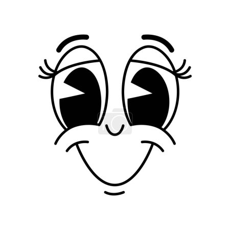 Ilustración de Dibujos animados divertido sonriente cómic groovy cara emoción, retro lindo personaje emoji. Isolated monocromo vector amigable personaje paisaje sonrisa y grandes ojos redondos. Expresión facial feliz, sentimientos positivos - Imagen libre de derechos