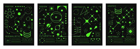 Ilustración de Carteles y2k brutales ácidos, formas geométricas abstractas. Fondos verticales vectoriales con brillantes y vívidas formas de color verde que encarnan un futurismo caótico y digital en el estilo de la cultura tecno-cibernética de principios de los años 2000. - Imagen libre de derechos