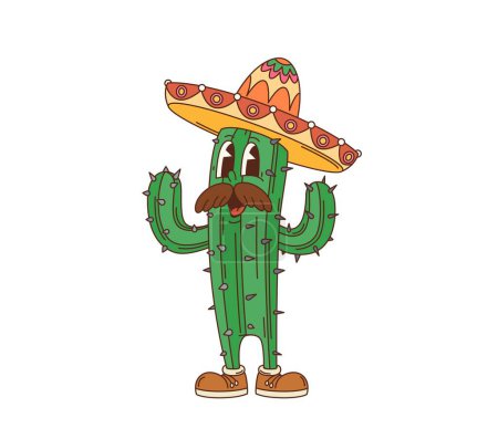 Illustration for Cartoon retro groovy Mexican cacti character. Isolated vector spiky, mustached latino or mariachi cactus personage. Funny succulent with big eyes, whiskers and colorful sombrero with swirly patterns - Royalty Free Image