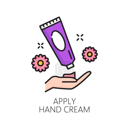 Illustration for Nail manicure service hand cream color line icon. Woman beauty or spa salon, manicure and pedicure master cosmetics thin line vector icon. Makeup shop outline symbol with cream tube and hand - Royalty Free Image