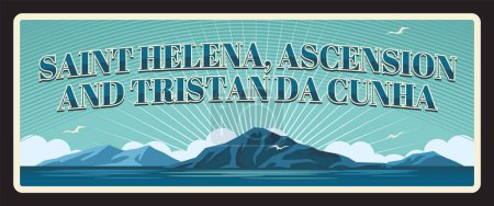 Illustration for Saint Helena, Ascension and Tristan da Cunha British overseas territory in South Atlantic. Vector travel plate, vintage tin sign, retro postcard design. Souvenir plaque with mountains - Royalty Free Image