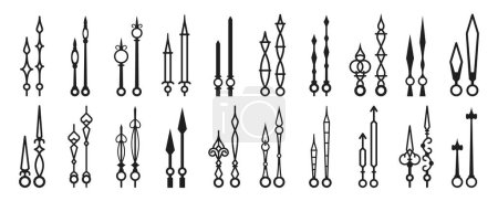 Illustration for Clock hands, watch arrows and time pointers. Isolated vector icons set of black watch arrows. Monochrome hour and minute hand pairs, essential components of analog clocks in various shapes and sizes - Royalty Free Image