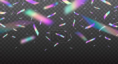 Téléchargez les illustrations : Confettis holographiques, paillettes colorées festives. Fond vectoriel avec texture de superposition irisée arc-en-ciel, feuille de vacances hologramme tinsel et serpentine avec effet de lumière bokeh et éblouissement de couleur - en licence libre de droit