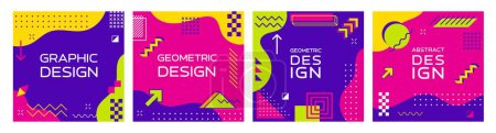 Photo for Memphis abstract geometric banners. Modern square templates, feature vibrant colors, simple shapes and bold patterns in retro-modern style of 1980s design movement. Vector playful cards or media posts - Royalty Free Image