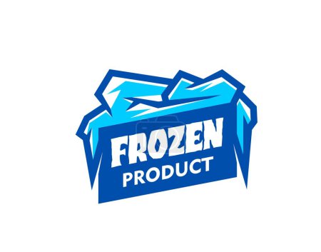 Gefrorene Produkt-Ikone, Vektor-Emblem mit knackigen, stilisierten Eiskristallen, umgeben von frostigen Eiszapfen, die das Wesen der Kälte umhüllen, darunter eine kühle, moderne Schrift, die Frische und Qualität hervorruft