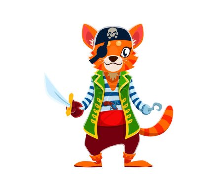 Illustration for Cartoon cat animal pirate sailor character with eye patch. Isolated vector funny kitten sea corsair personage with charismatic smile, bandana with skull, hand hook, saber and pistol gun, exuding charm - Royalty Free Image