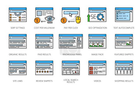 Illustration for SERP icons, search engine result page, web marketing and internet advertising optimization, line vector. SERP icons o website online information, media content and keyword SEO or webpage pictograms - Royalty Free Image