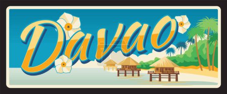 Téléchargez les illustrations : Davao Philippines zone administrative, région XI paysage. Plaque de voyage vectorielle, panneau vintage en étain, carte postale de vacances rétro ou panneau de voyage. Plaque avec plage et fleurs, bungalow en bois - en licence libre de droit